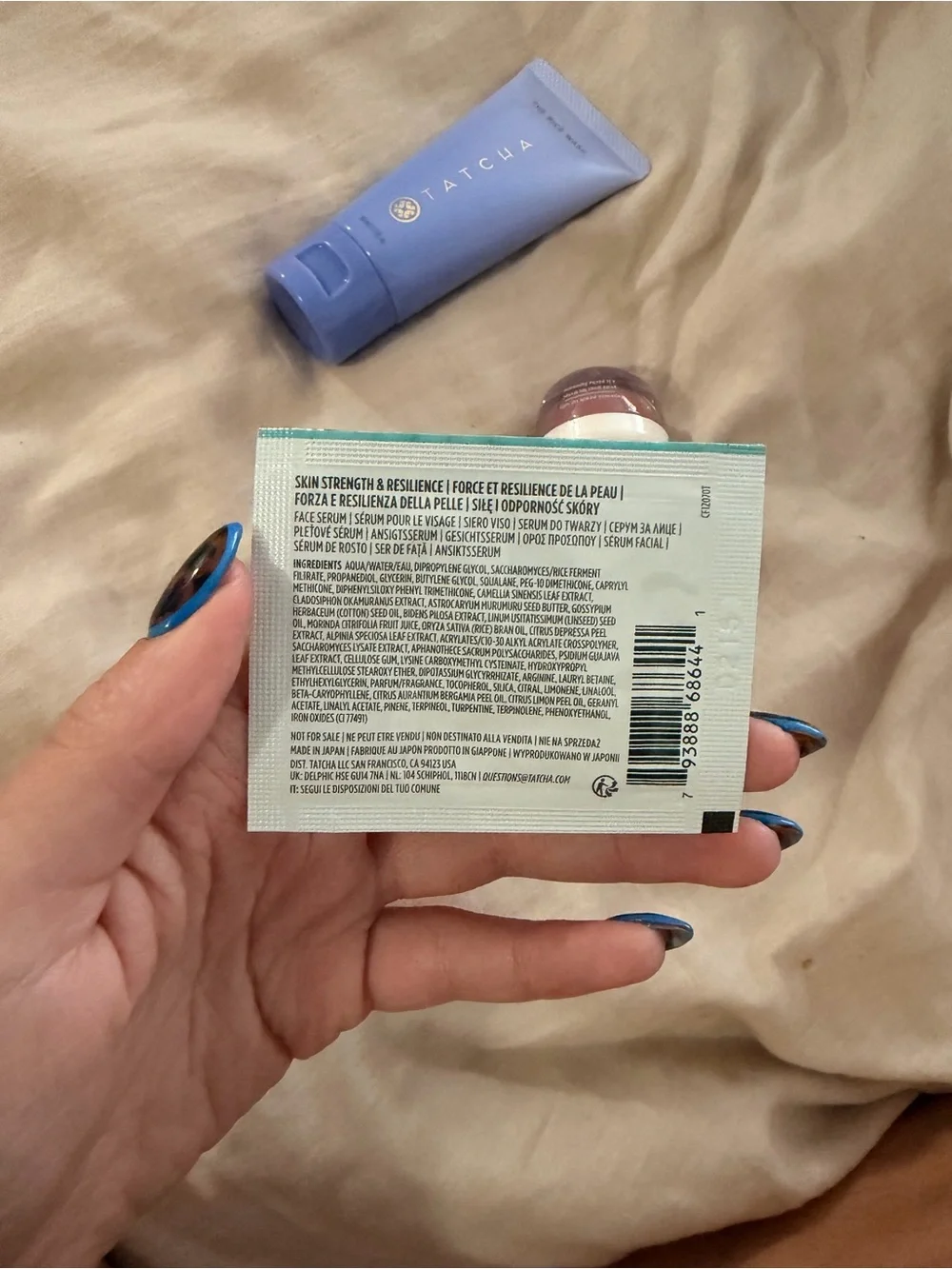 Tatcha skincare trio in lavender, teal & red
